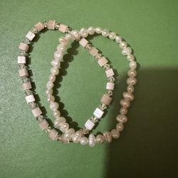 2 Pale Pink Pearl & Bead Bracelets