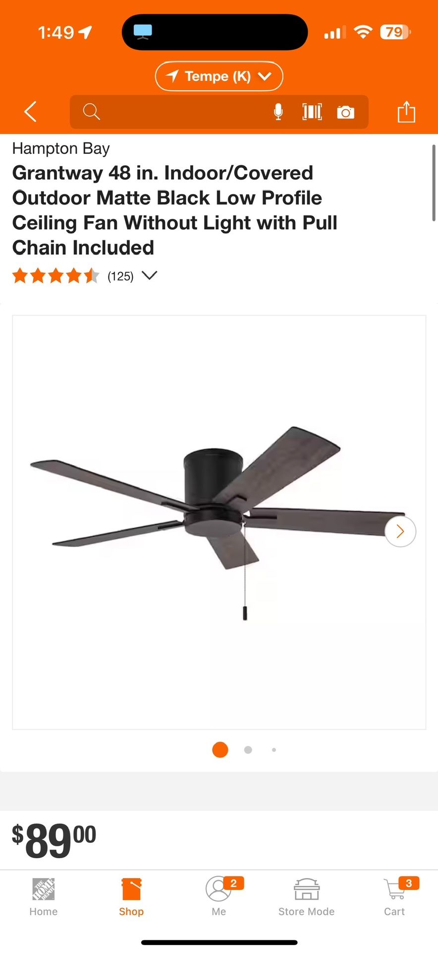 Hampton Bay Grantway 48 in. Indoor/Covered Outdoor Matte Black Low Profile Ceiling Fan Without Light $50 