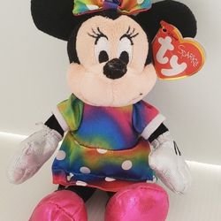 Ty MINNIE MOUSE Sparkle Beanie Baby Rainbow Polka Dot Dress 6" Dollar Toy Plush 
