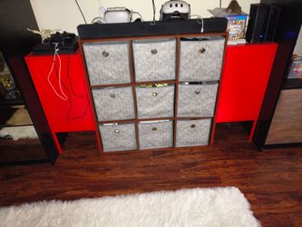 2 red storage cabinets 14d×14w×32h