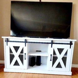 65" TV Stand, White , Sliding Door Double Shelves