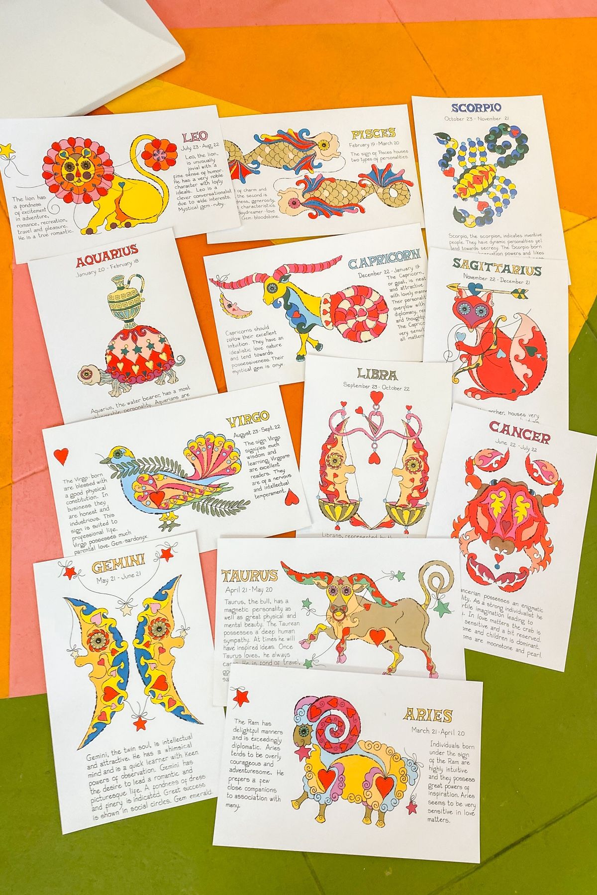 Vintage Zodiac Signs Poster Prints Margot Johnson 1960s Psychedelic Mod 70s Mid Century MCM Peter Max Horoscopes Astrology