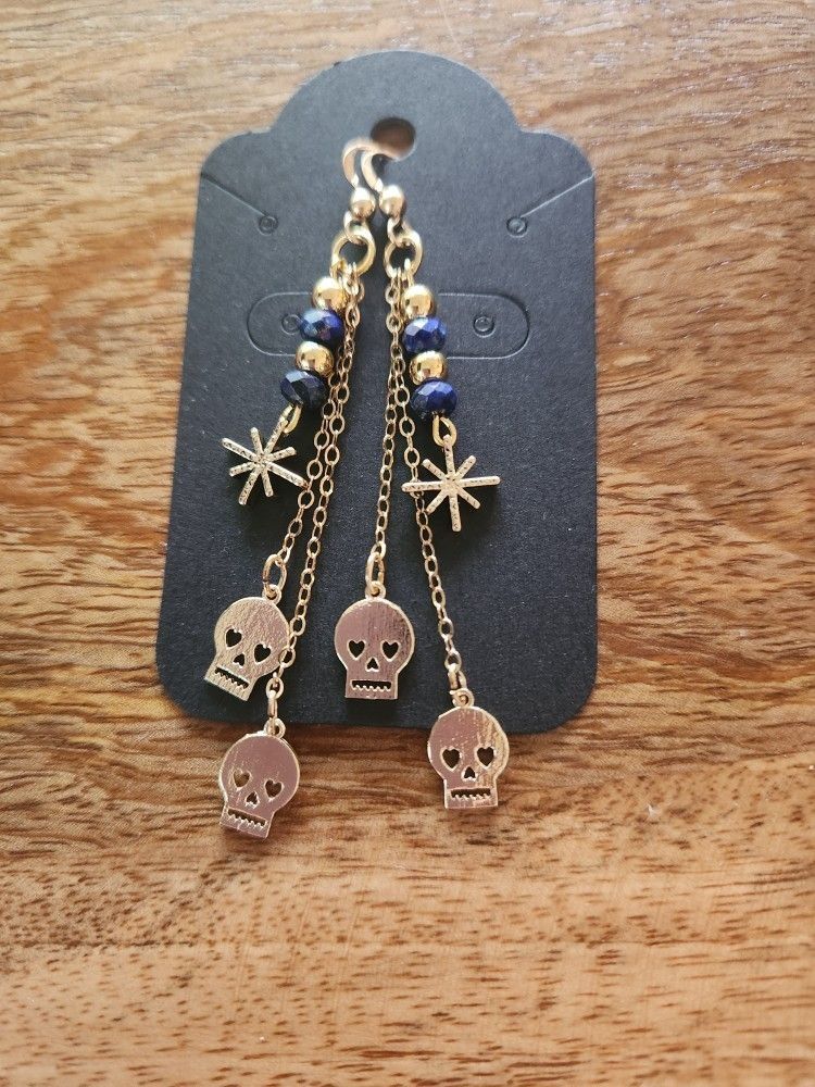 Gold Sugar Skull & Lapis Earrings