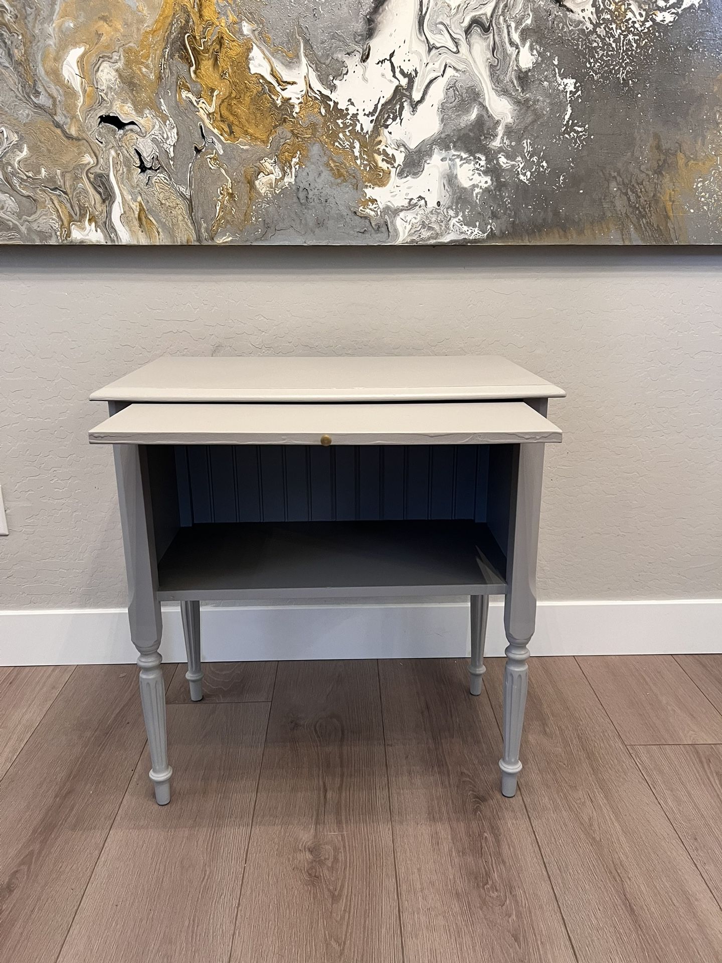 Antique Greige Desk Solid Wood Side Table w/ Storage Shelf & Pull Out Shelf- Fluted Legs