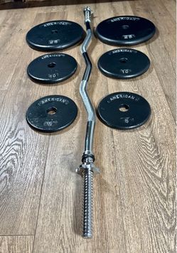 BRAND NEW: Standard Black Curl Bar with Cast Iron Weight Plates of 25s, 10s and 5 lbs. Total= 94 lbs