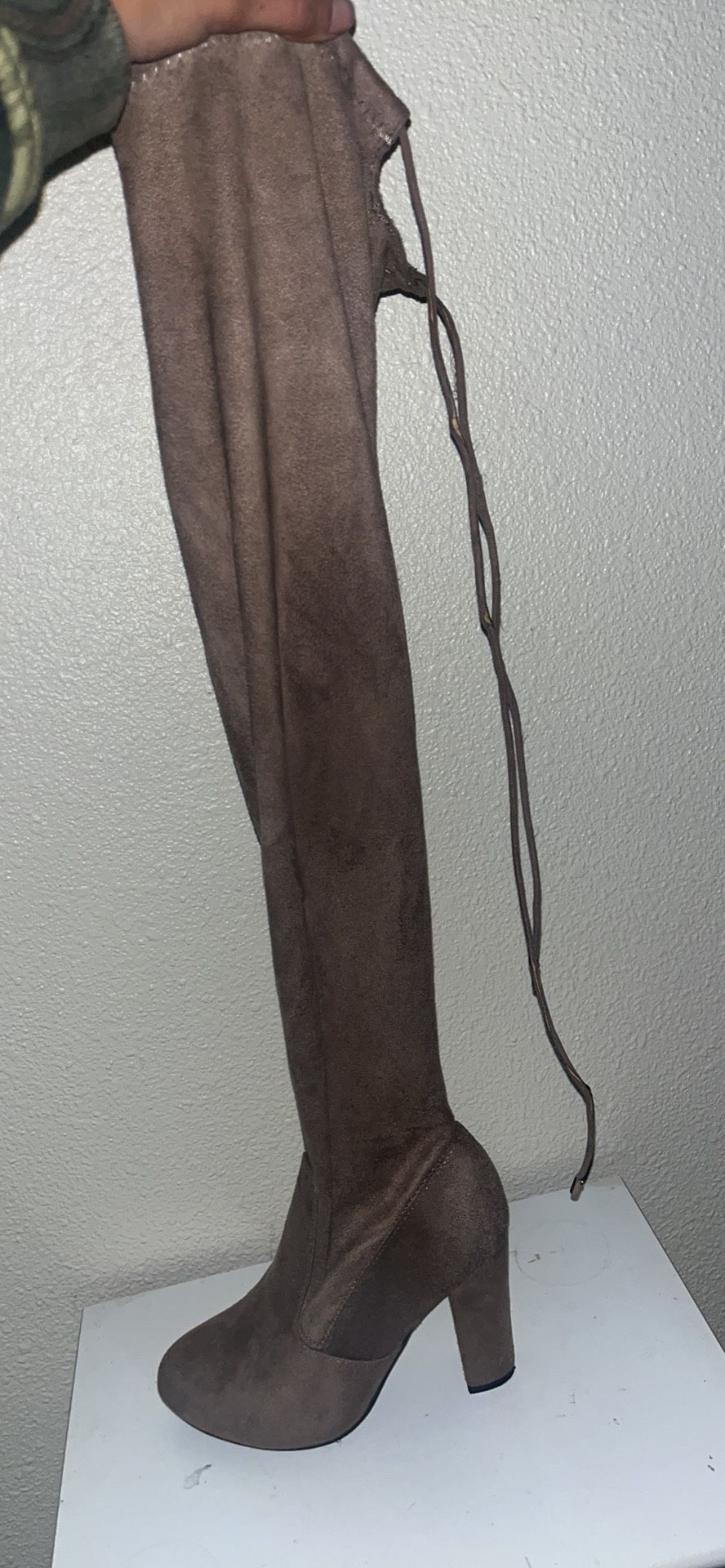 Taupe Thigh High Heeled Boots Women’s Size 6