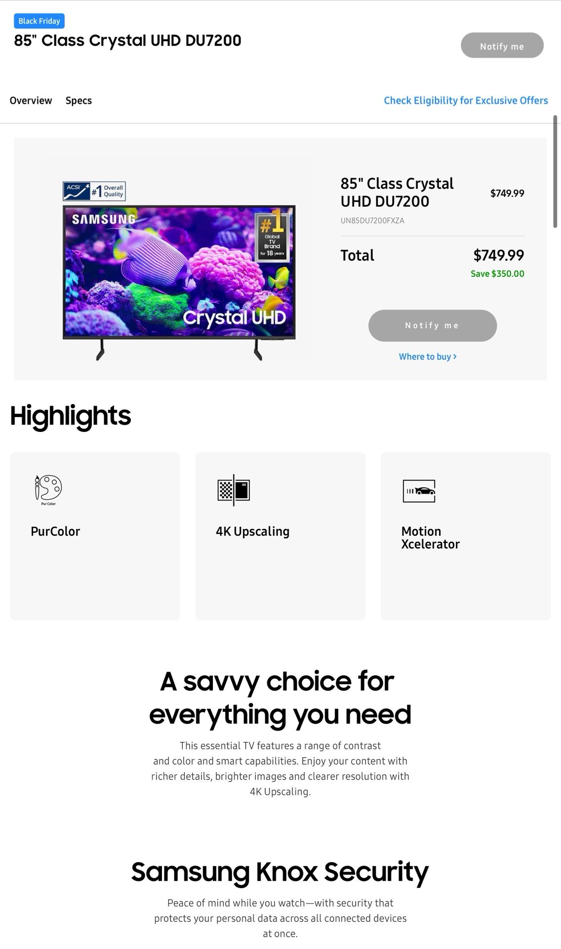 SAMSUNG 85" Class Crystal UHD DU7200