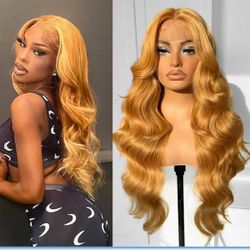 Honey Blonde Lace Front Wig Glueless Body Wave Lace Front Wigs Pre Plucked Synthetic Wear -32” GFL 