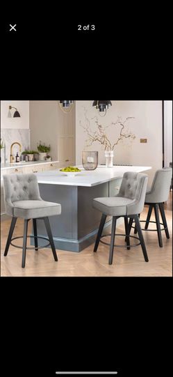 New Set Of 3 Barstools Roman 26.5 in. Gray Fabric Upholstered Solid Wood Leg Counter Height Swivel Bar Stool With Back（Set of 3）