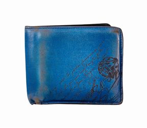 Custom Berluti Calligraphy Bifold Wallet Blue Patina, Box, Dust bag, felt sleeve