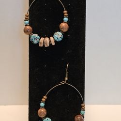 New Turquoise And Brown Beaded Hoop Earrings 