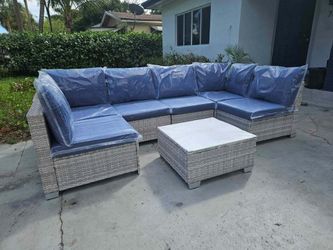 Gray & Blue 7-Piece Modular Patio Sectional - New & Fully Assembled, U or L Shape