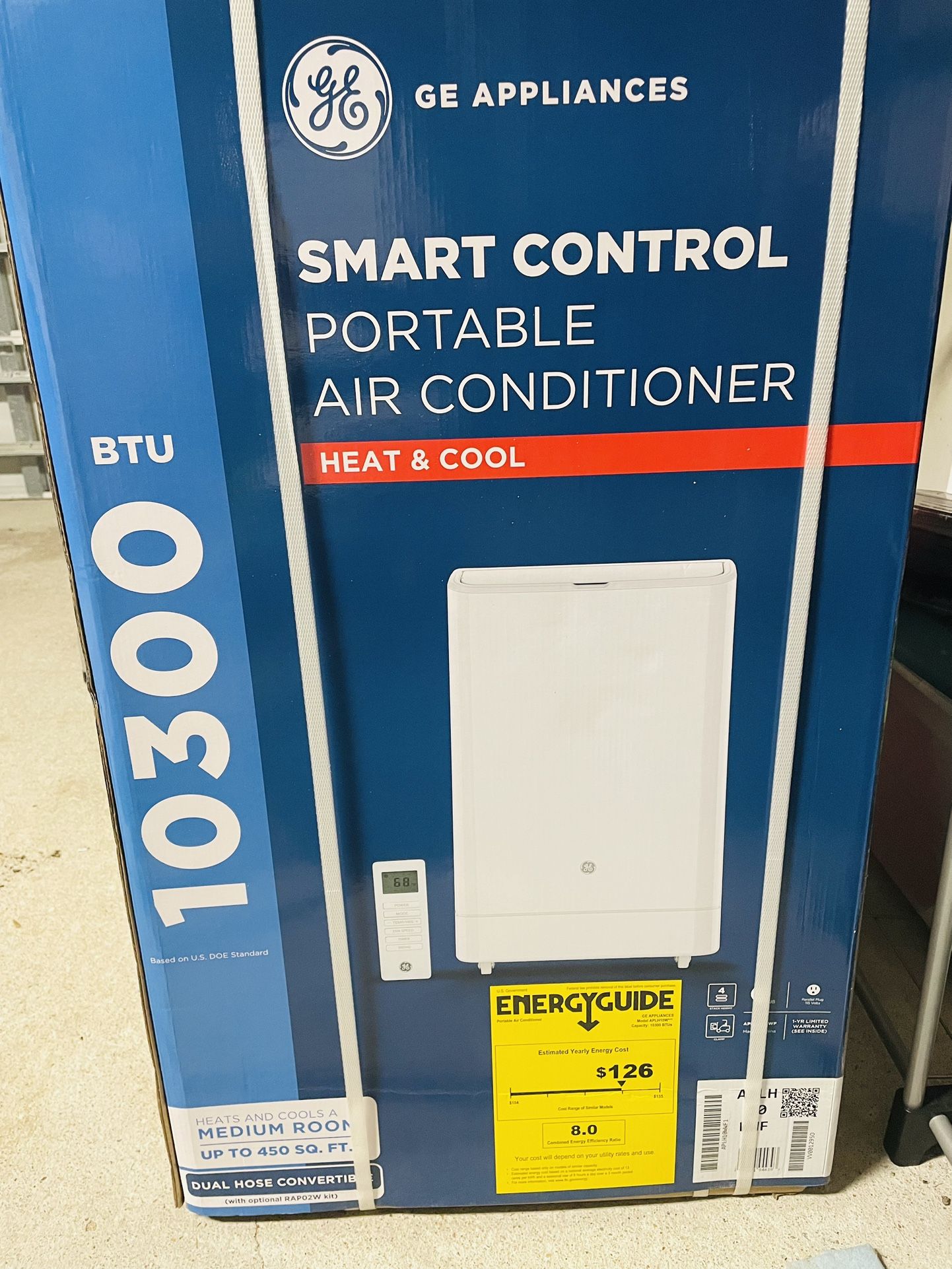 GE - 450 Sq. Ft. 10,300 BTU Smart Portable Air Conditioner and 10,300 BTU Heater - White