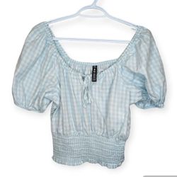 Lord Taylor Design Lab Light Blue White Checkered Puff Sleeve Smocked Bottom M