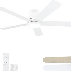 52 Inch White Ceiling Fans with Lights and Remote,LED Low Profile Flush Mount Ceiling Fan for Bedroom,Living Room, with Quiet DC Motor,Dimmable 6 Spee