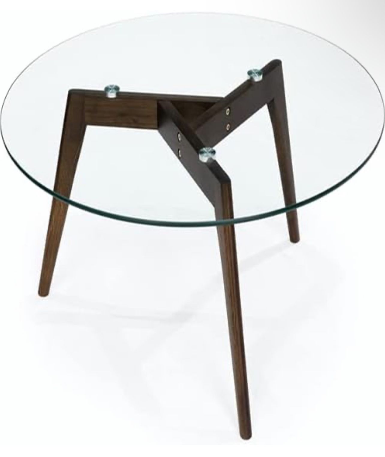Round Tempered Glass End Table Coffee Table with Walnut Wood, 23.6" D x 17.7" H