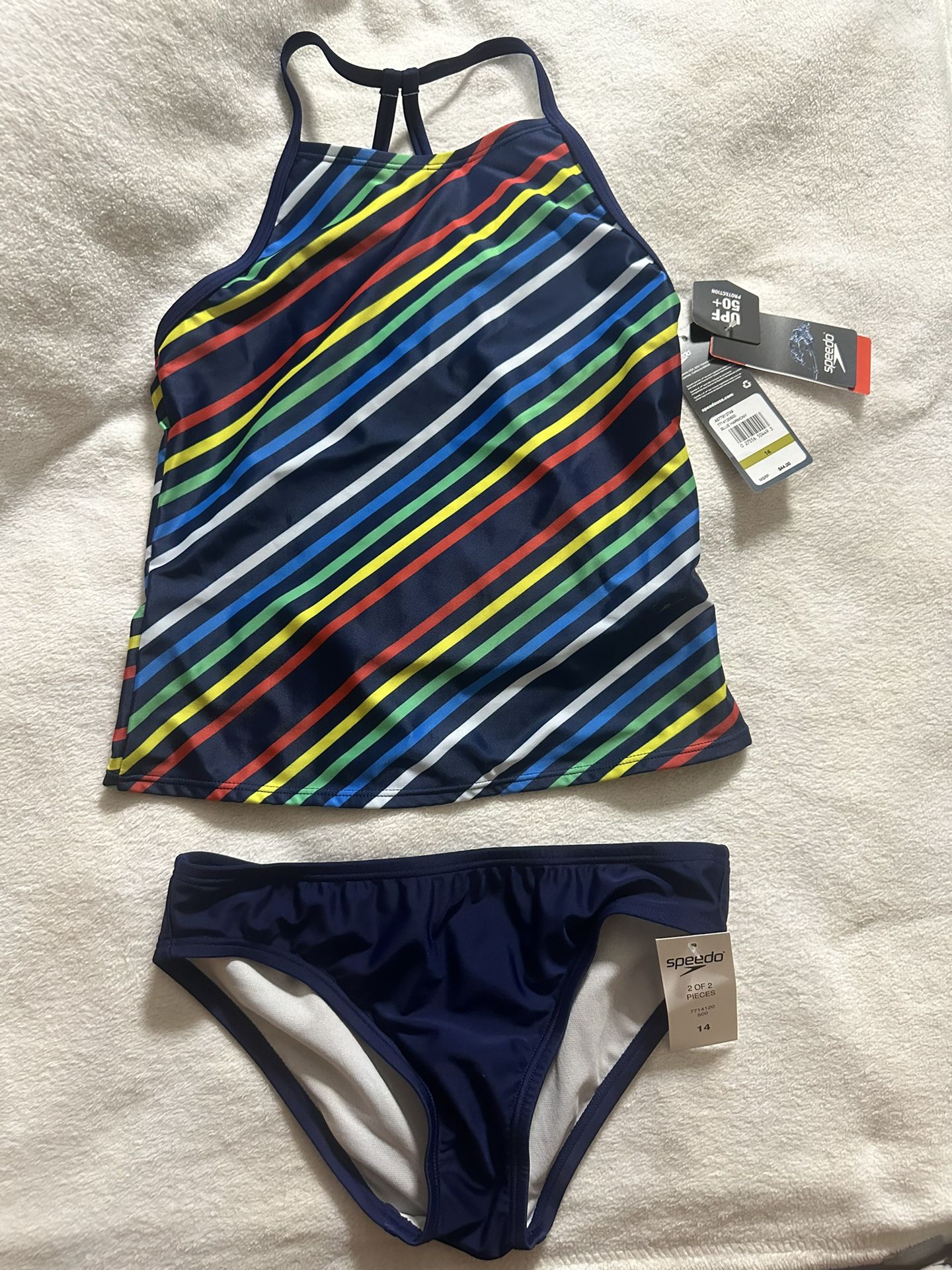 Speedo Girl's Size 14, Multi Stripe Navy Bikini Swimsuit 2 Pc Swim UPF 50+