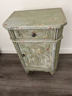 Set of 2 Rustic Green Carved Wood Accent Cabinets