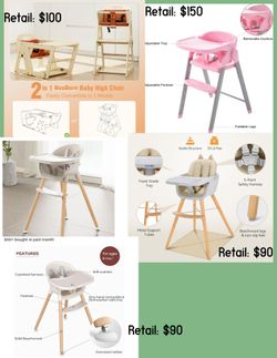 Modern, convertible, wood & pink baby high chairs new