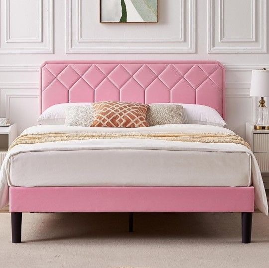 QUEEN SIZE Platform Bed Frame Premium Velvet Upholstered Adjustable Headboard No Box Spring Needed