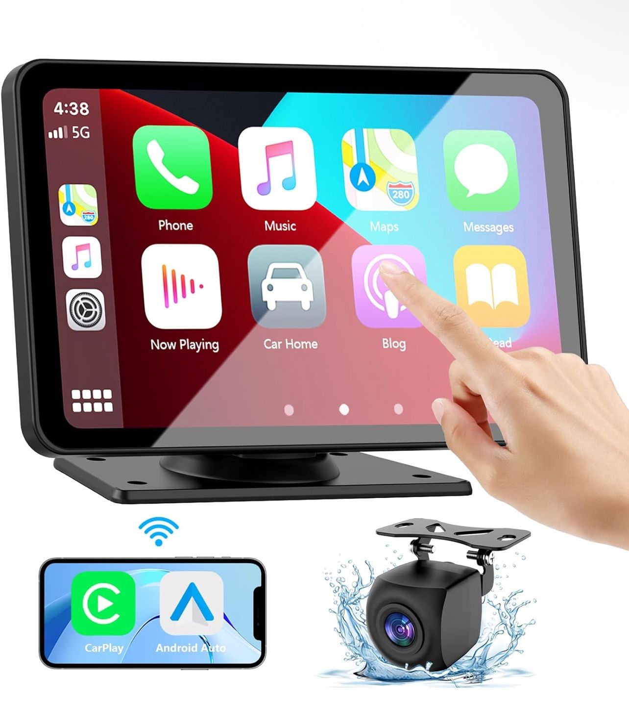 7" HD Portable Car Stereo Touch Screen with Wireless Android Auto, Backup Camera, Car Audio Receivers with Voice Control, Mirror Link, Bluetooth, GPS
