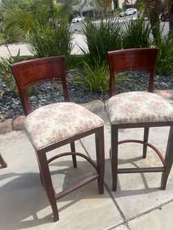 2 Wood Bar Stools with Floral Cushions