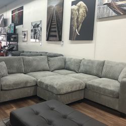 New Gray Or White 3pc Corduroy Sectional And Ottoman Sofa Couch 
