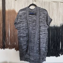 Grey and black heathered short sleeve cardigan; excellent condition