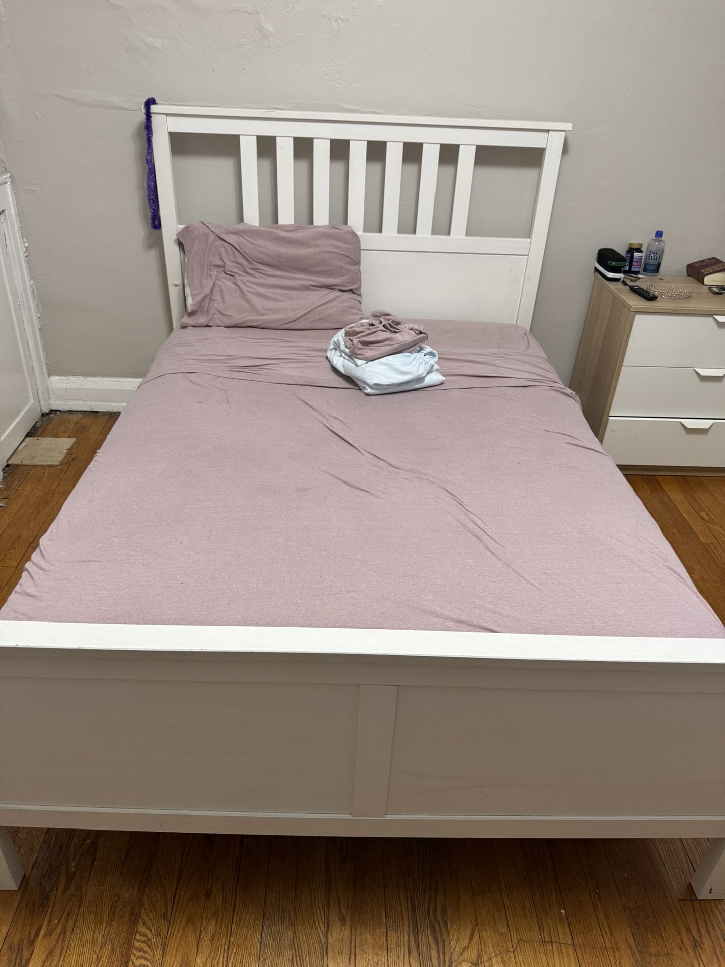 Full Sized Bed Frame, Mattress And 2 Sheet Set 
