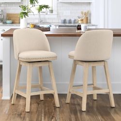 swivel bar stools set of 2, 26" Performance Fabric Upholstered Counter Height Bar Stools with Back, Solid Wood Legs with footrest, Retro nailhead trim
