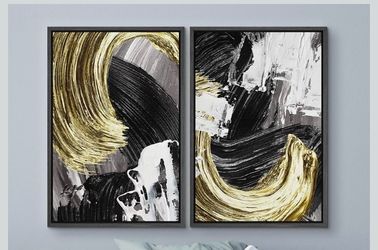 Ashbrook Framed Canvas Print Wall Art Set Black White Gold, 16x24x2, Modern