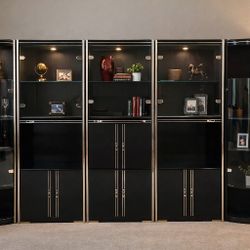 5-Piece Modular Black Glass Curio Wall Unit – $495 OBO