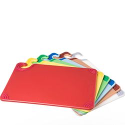 San Jamar Saf-T-Grip Plastic Cutting Board With Safety Hook, 12" x 18" x 0.5", Assorted Colors, (Set of 6)