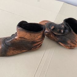 Antique Electroplated Cooper Bronze 1916 Baby Shoes Side Buttons Infant Toddler Collectible 