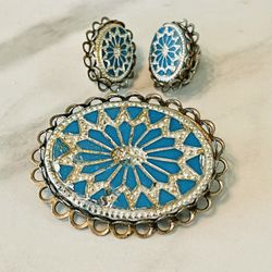 Vintage Glass Brooch Pin & Matching Clip On Earrings 