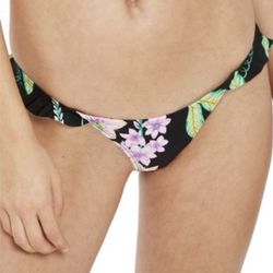 TOPSHOP Black Purple Floral Tanga Ruffle Summer Swimsuit Bikini Bottoms NWT