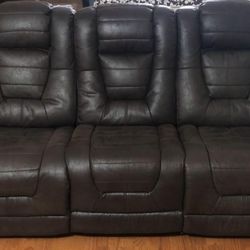 Brown Leather Reclining Sofa with Electrical Outlets & Cup Holders (Like New Condition)