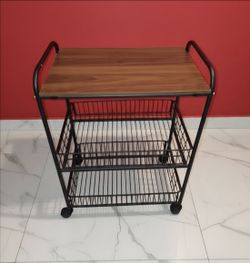 3-Tier Rolling Kitchen Utility Cart – Wood Top & Black Metal