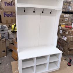 FUFU&GAGA White Painted Armoire with Bench and Storage Cubbies，39.8 in W-17.3 in D-67.1 in H