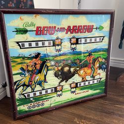 Bow and Arrow pinball game scoreboard art back glass in a frame 1970’s