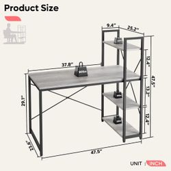 47” Computer Desk with Reversible Bookshelf & Metal Legs – Wash White, Pick Up Only (2 Available)