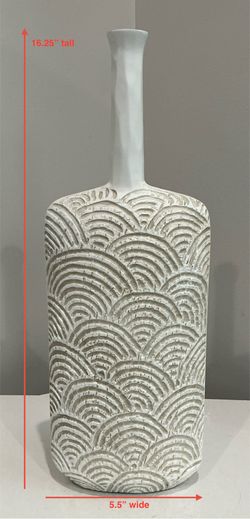 Tall Textured White & Tan Resin Vase with Narrow Opening