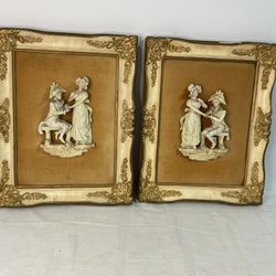Vintage Pair Framed 3D Rococo Wall Art Plagues Gold Gilt, 15” x 12”.