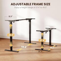 Electric Standing Desk Frame, Single Motor Height Adjustable Table Legs with Memory Presets for Home Office, Stand Up Desk Legs for 40 to 63 inch Desk