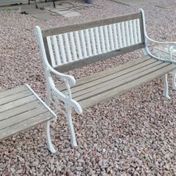 NICE WROUGHT IRON BENCH AND TWO TABLES