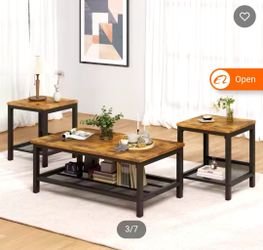 K38 $85  Modern Coffee Table Set of 3 Industrial Rectangle Coffee Table with 2 Square Side Table for Living Room Apartment - Brown  TB-CF1SS2  【Sturdy