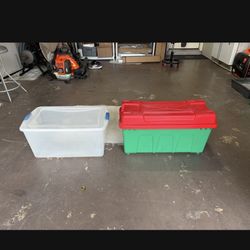 Set of 2 Plastic Storage Bins (Green One-Heavy Duty 23 Gal Footlocker Style w/Lid; Clear One-Sterilize 64 Qt w/Latch Lid