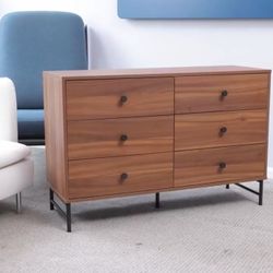 43”L storage cabinet 6 drawers walnut metal legs