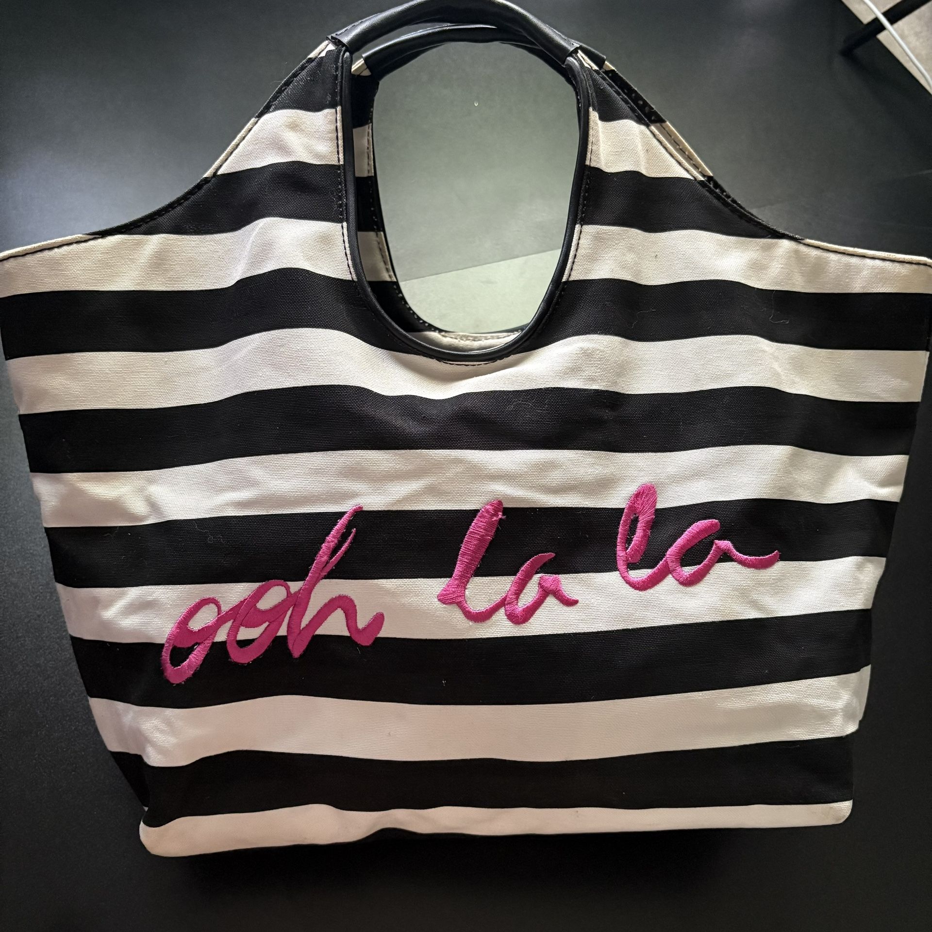 Kate Spade Ooh La La Tate Tote Striped Black and White pink Embroidery medium