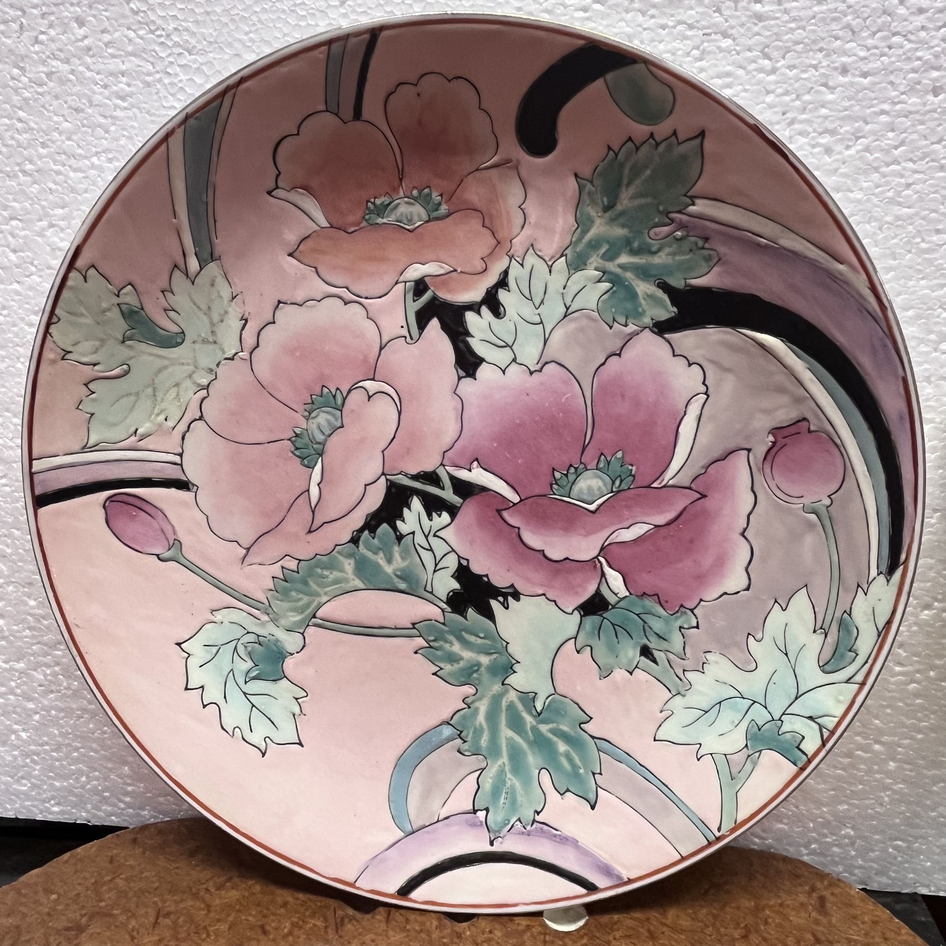 Vintage Accented Toyo Made For H.F.P Macau Chinese Porcelain Plate Hand Painted Enameled 10" Floral Pink And Turquoise